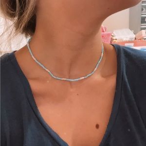 Blue and white seed bead necklace